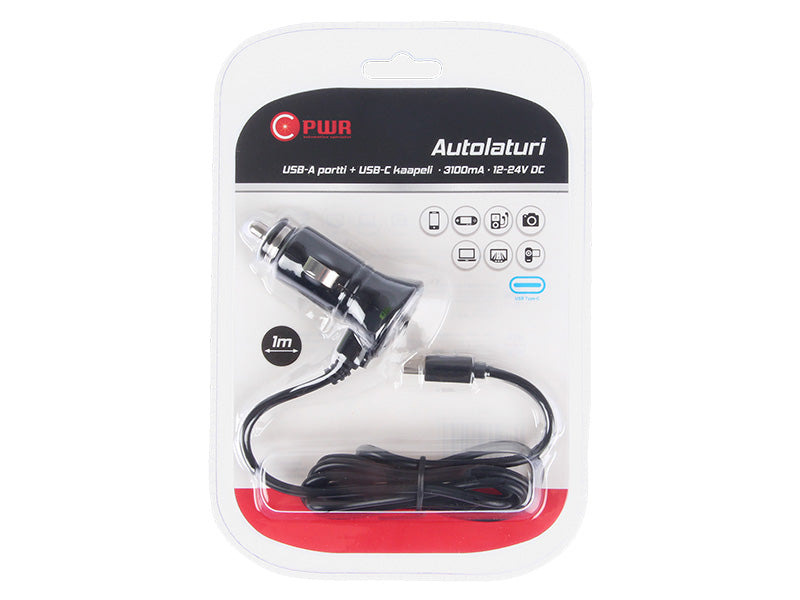 C-PWR USB AUTOLATURI 1XUSB-A PORTTI + TYPE-C KAAPELI