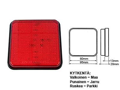 LED TAKAVALO 10-30V PUN 80X80MM (PARKKI/JARRU)