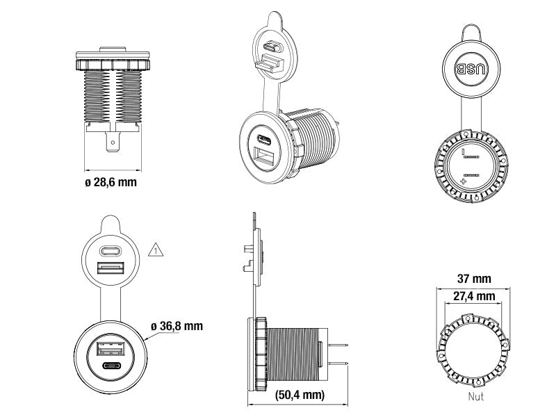 USB-RASIA 12/24V USB A QC3.0+C SININEN LED