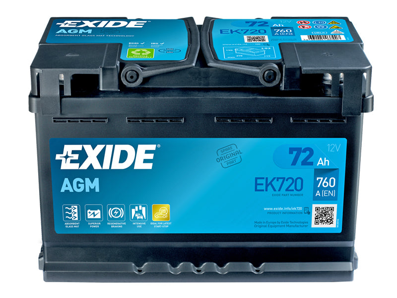 EXIDE AGM 72AH 278X175X190 -/+ 760A