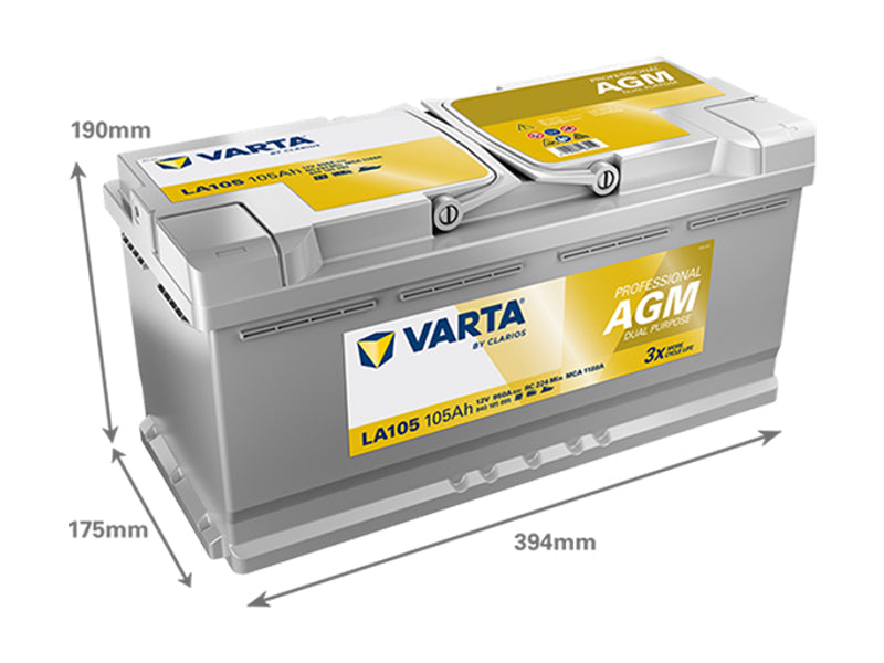 VARTA PROFESSIONAL AGM 105AH 950A 394X175X190MM -/+