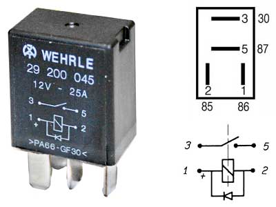 MIKRORELE WEHRLE 12V 25A 4-NAP, DIODILLA